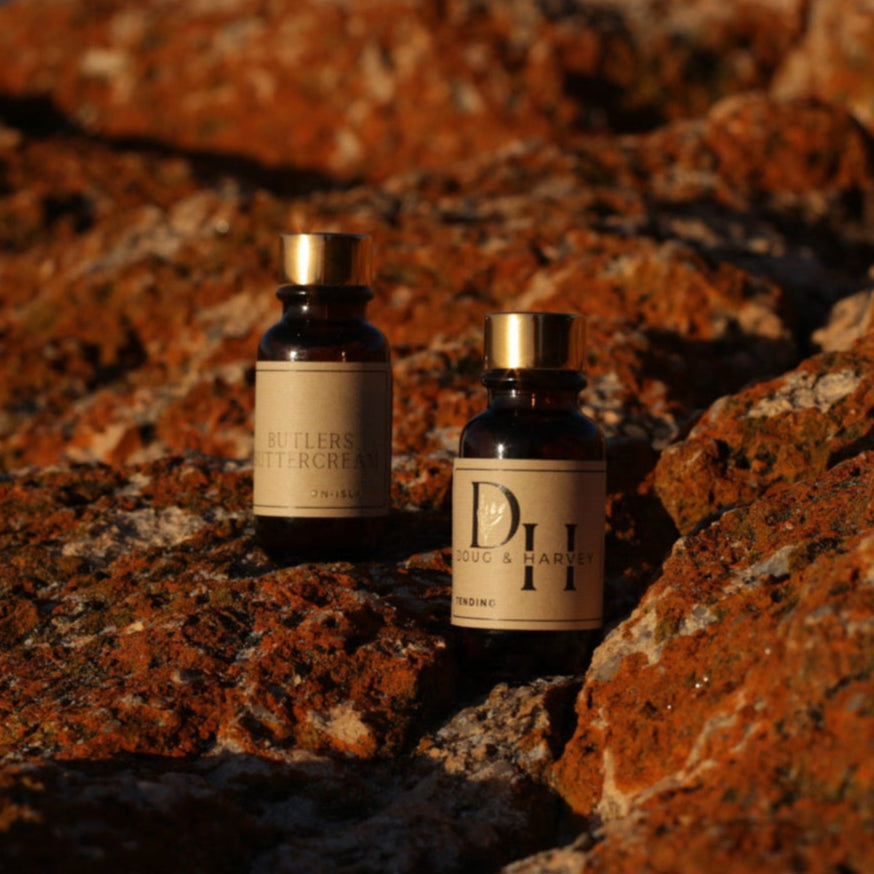 Two bottles with labels on a rocky surface near water Bicheno Lichen Tasmania Diffuser oil