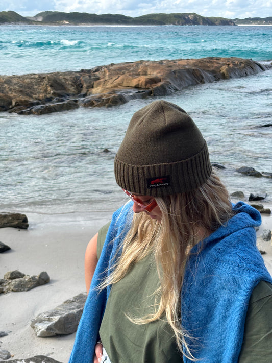 Doug & Harvey beanie logo detail olive rib knit