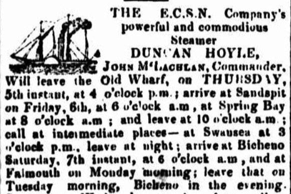 Advertisement for a steamship service with a ship illustration and text details.