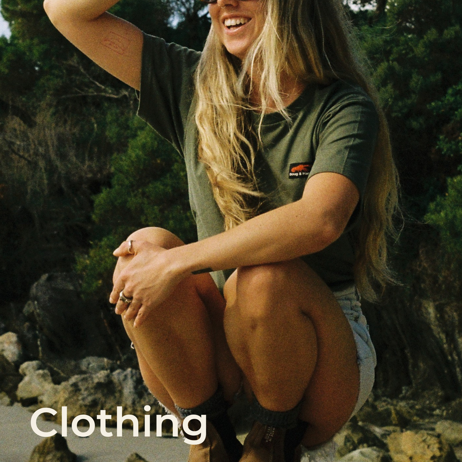 Doug and Harvey clothing collection olive t shirt Bicheno Tasmania lifestyle