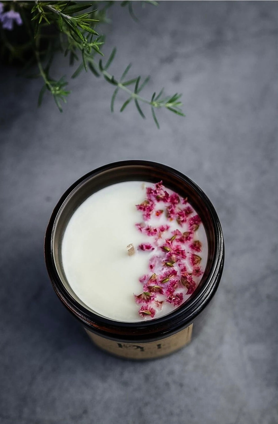 Image of Cape Lodi Coconut Candle topped with pink dried native Australian flowers on a creamy candle top, in amber glass jar vessel set on a grey stone floor with thyme plant and purple flower in the top left corner