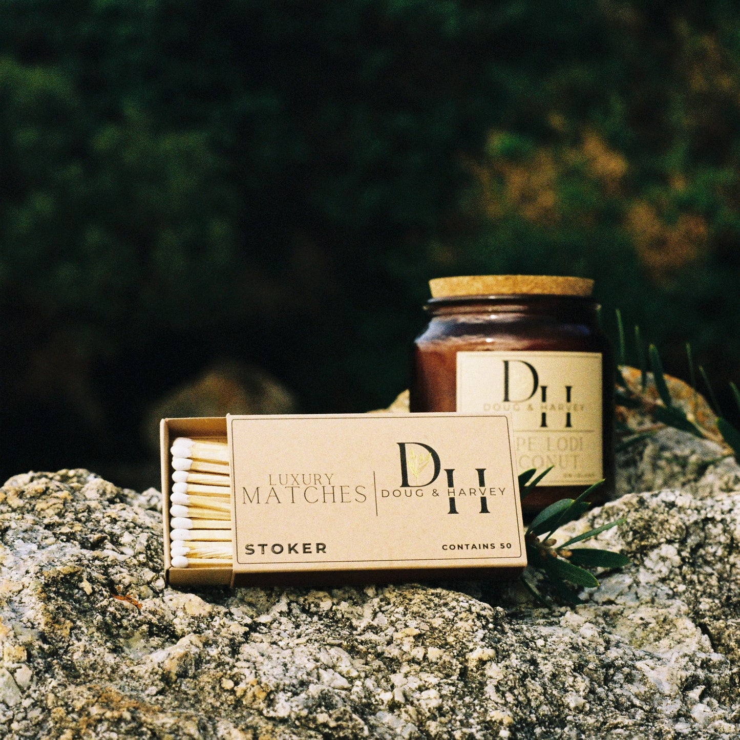 Tasmanian luxury matches and candle on a rock 