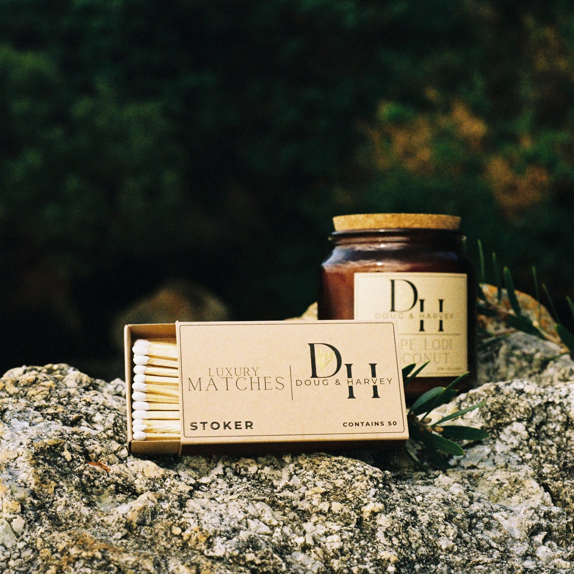 Tasmanian luxury matches and candle on a rock 