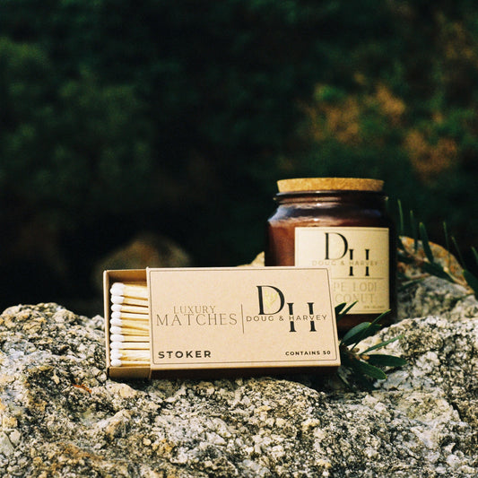 Tasmanian luxury matches and candle on a rock 