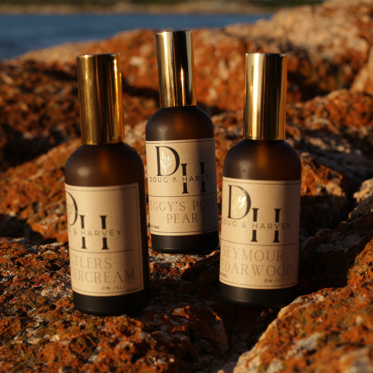 Three bottles of perfume on a rocky surface with a blurred natural background