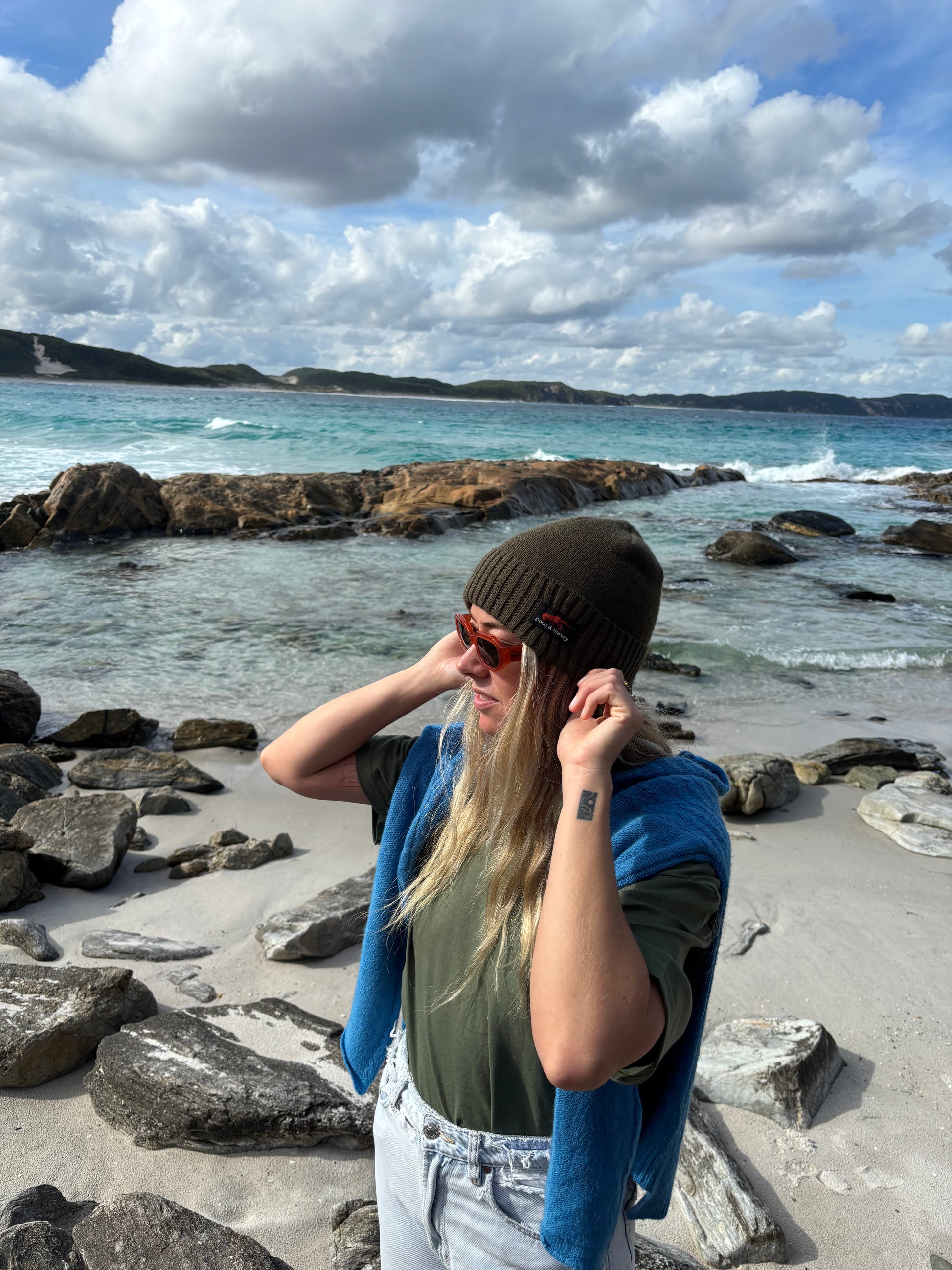 Olive Doug & Harvey beanie coastal Tasmania lifestyle