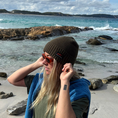 Olive Doug & Harvey beanie coastal Tasmania lifestyle
