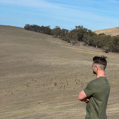 olive t shirt country coastal Tasmania landscape
