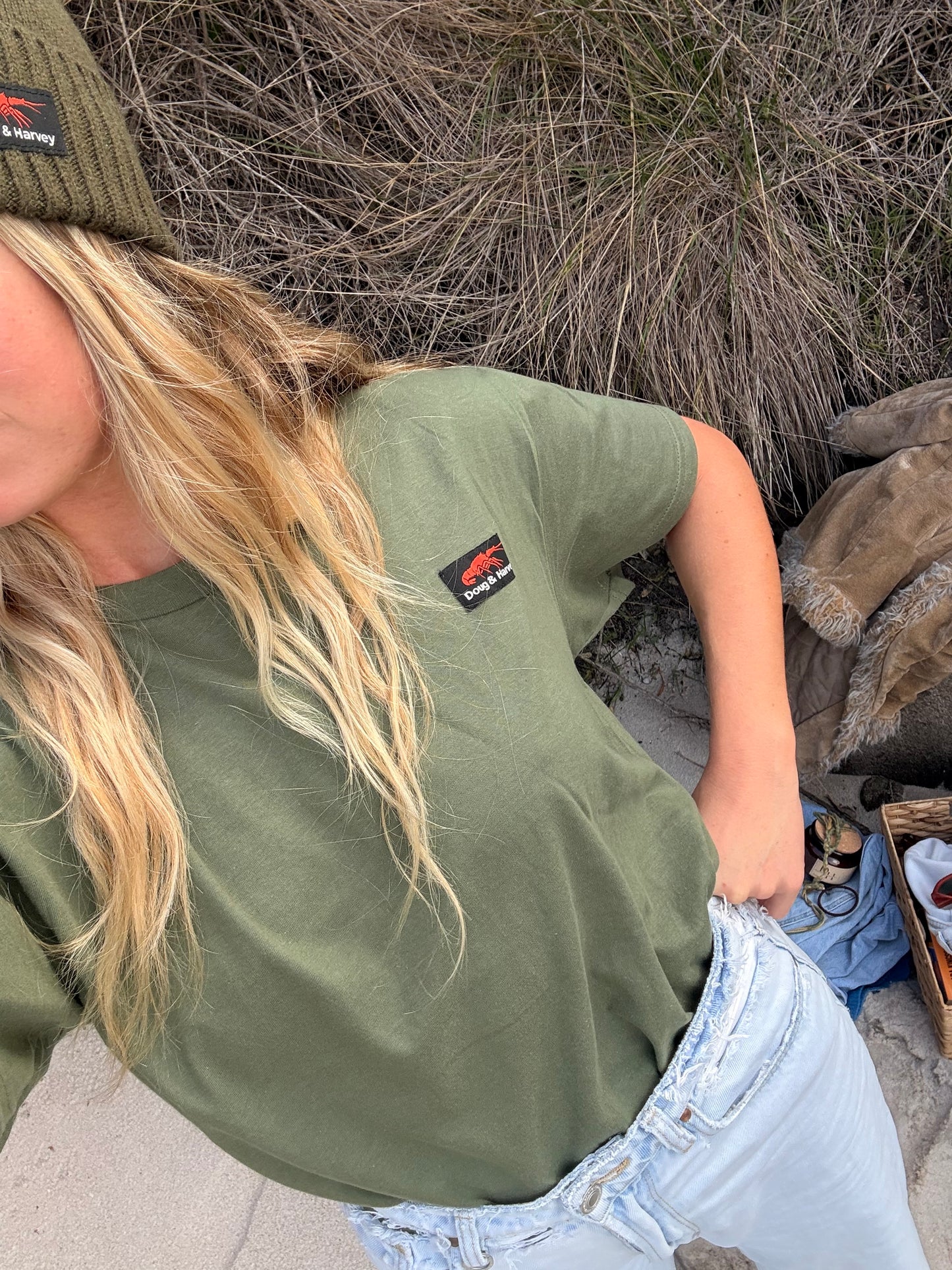 olive t shirt with lobster logo Doug and Harvey Tasmania clothing detail
