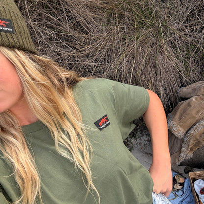 olive t shirt with lobster logo Doug and Harvey Tasmania clothing detail